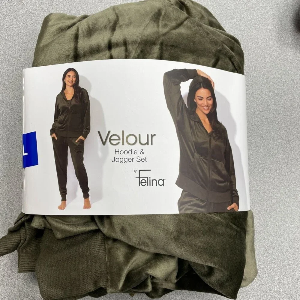 NEW Velour Women's L Hoodie & Jogger Set By Felina Olive Green Soft M0023
